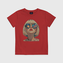 Футболка хлопковая детская Вселенная отражается в очках девушки, цвет: красный
