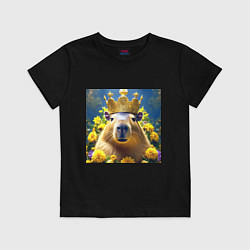 Футболка хлопковая детская Мем капибара царь на троне и желтые цветы, цвет: черный