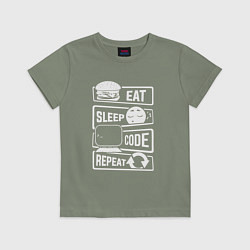Футболка хлопковая детская Eat sleep code repeat арт, цвет: авокадо