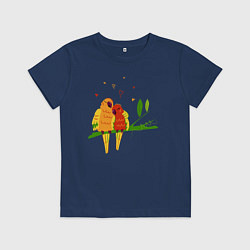 Футболка хлопковая детская Пара влюбленных попугаев на ветке, цвет: тёмно-синий