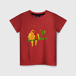 Футболка хлопковая детская Пара влюбленных попугаев на ветке, цвет: красный