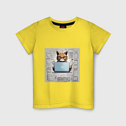 Футболка хлопковая детская Кот программист за ноутбуком, цвет: желтый