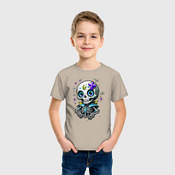 Футболка хлопковая детская Скелет и звёзды синий, цвет: миндальный — фото 2