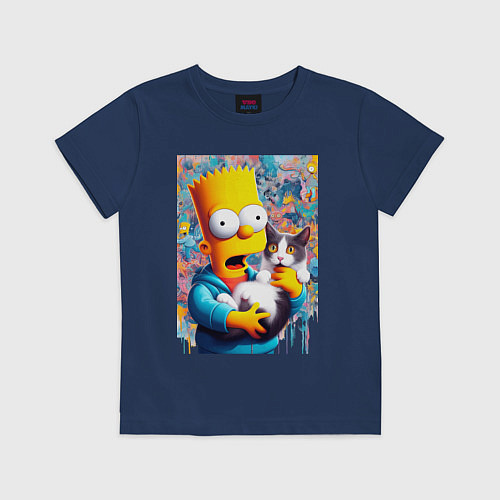 Детская футболка Bart Simpson with a kitten - ai art / Тёмно-синий – фото 1