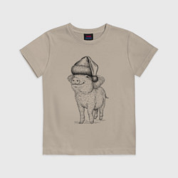Футболка хлопковая детская Новогодняя свинка, цвет: миндальный