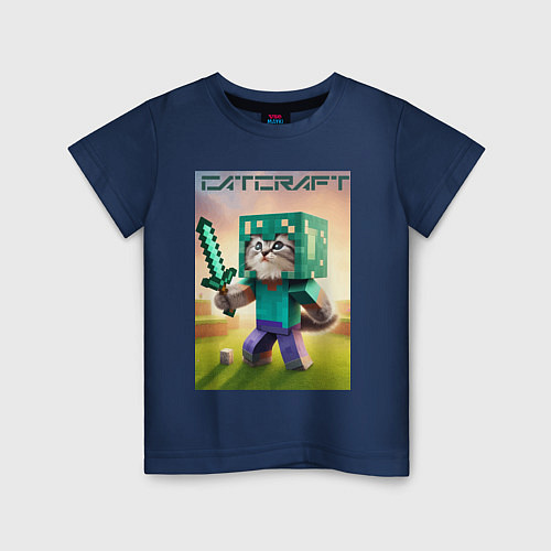 Детская футболка Котёнок Майнкрафт - коллаба нейросеть / Тёмно-синий – фото 1