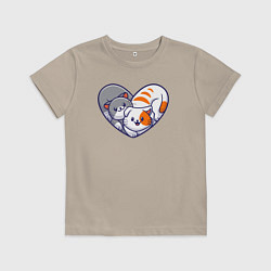 Футболка хлопковая детская Котики в сердечке, цвет: миндальный
