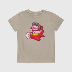 Футболка хлопковая детская Поросёнок авиатор, цвет: миндальный