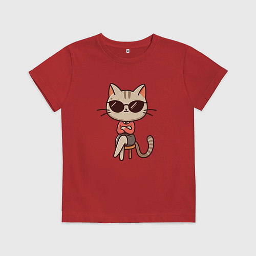 Детская футболка Деловая кошка босс в очках внимательно смотрит / Красный – фото 1