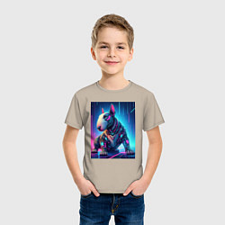 Футболка хлопковая детская Кибер щенок бультерьера - нейросеть, цвет: миндальный — фото 2