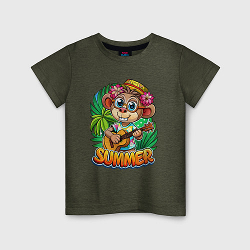 Детская футболка Обезьянка с гитарой летний вайб / Меланж-хаки – фото 1