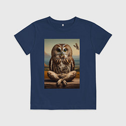 Футболка хлопковая детская Прикольная сказочная сова - нейросеть, цвет: тёмно-синий