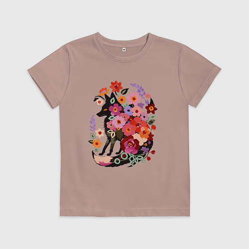 Детская футболка Лиса цветочный силуэт / Пыльно-розовый – фото 1