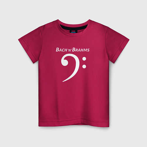 Детская футболка Бах и Брамс по-английски с басовым ключом белым / Маджента – фото 1