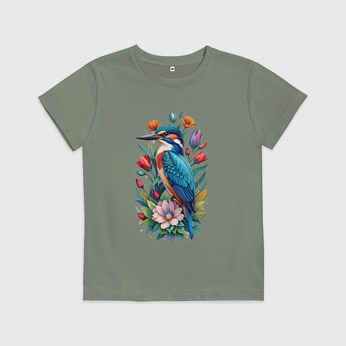 Детская футболка Птица зимородок среди цветов / Авокадо – фото 1