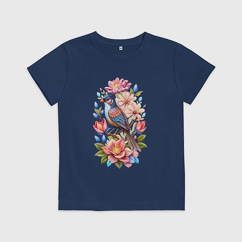 Детская футболка Птица Калипта Анны среди цветов / Тёмно-синий – фото 1