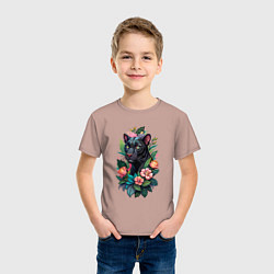 Футболка хлопковая детская Черная пантера среди цветов, цвет: пыльно-розовый — фото 2
