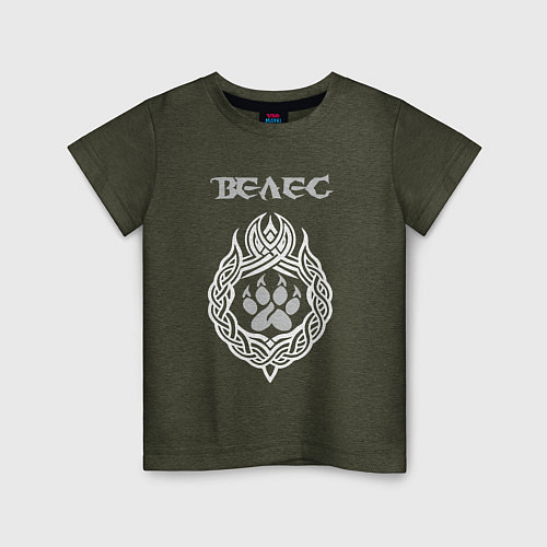 Детская футболка Знак Велеса - лапа медведя / Меланж-хаки – фото 1