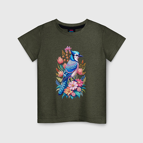 Детская футболка Голубая сойка среди цветов / Меланж-хаки – фото 1