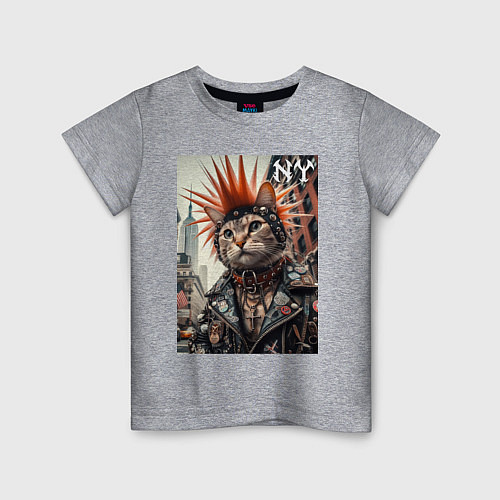 Детская футболка Котяра панк из Нью-Йорка - нейросеть / Меланж – фото 1