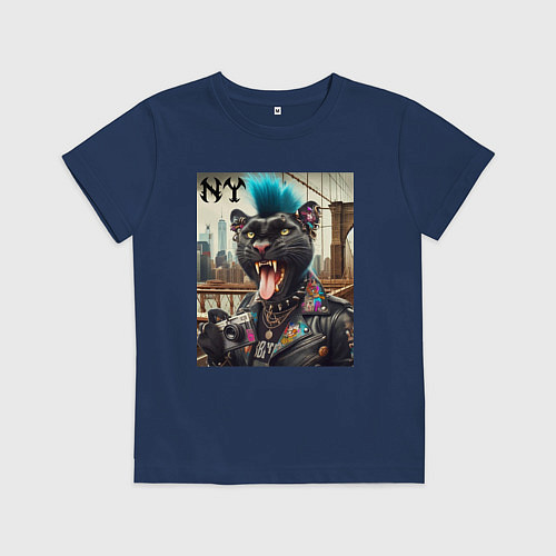 Детская футболка Чувак пантера панк с фотоаппаратом - нейросеть / Тёмно-синий – фото 1