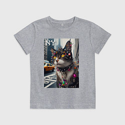 Футболка хлопковая детская Пирсинг Нью-Йоркского кота - нейросеть, цвет: меланж
