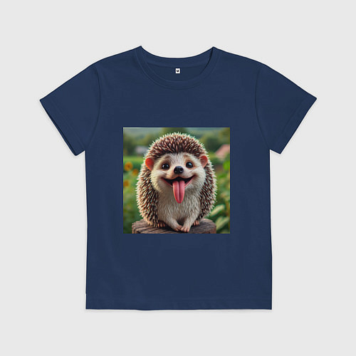 Детская футболка Милый ежик с высунутым языком / Тёмно-синий – фото 1