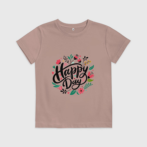 Детская футболка Happy day с цветами / Пыльно-розовый – фото 1