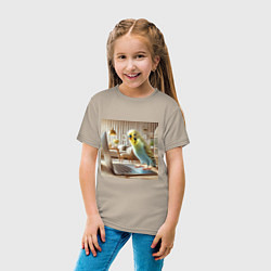 Футболка хлопковая детская Волнистый попугай с ноутбуком, цвет: миндальный — фото 2