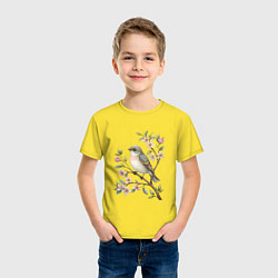 Футболка хлопковая детская Маленькая птичка на ветке с цветами, цвет: желтый — фото 2