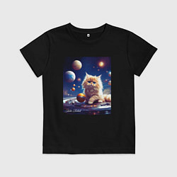 Футболка хлопковая детская Котик космос, цвет: черный