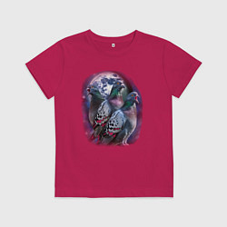 Футболка хлопковая детская Три голубя орущие на луну, цвет: маджента