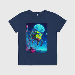 Футболка хлопковая детская Краб Губка Боб в мегаполисе - киберпанк, цвет: тёмно-синий