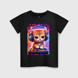 Футболка хлопковая детская Cutie kitten DJ - neon glow, цвет: черный