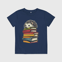 Футболка хлопковая детская Ёжик на книгах, цвет: тёмно-синий