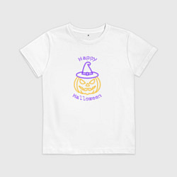 Футболка хлопковая детская Неоновая тыква в шляпе ведьмы, цвет: белый