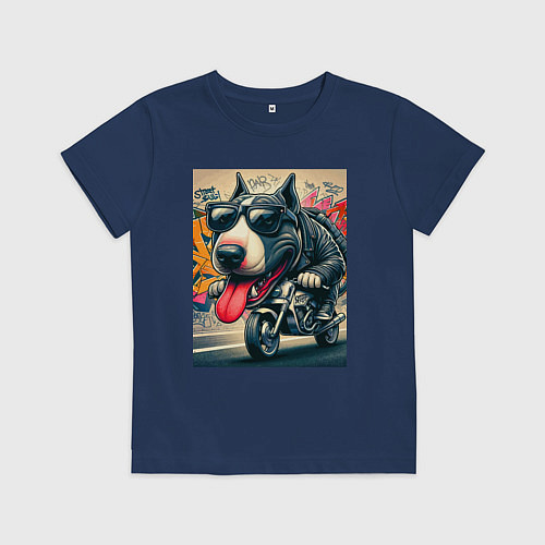 Детская футболка Бультерьер управляет мотоциклом - граффити / Тёмно-синий – фото 1