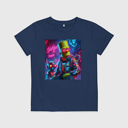 Футболка хлопковая детская Барт Симпсон с котом роботом - нейроарт, цвет: тёмно-синий