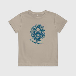 Футболка хлопковая детская Акула показалась в волнах, цвет: миндальный