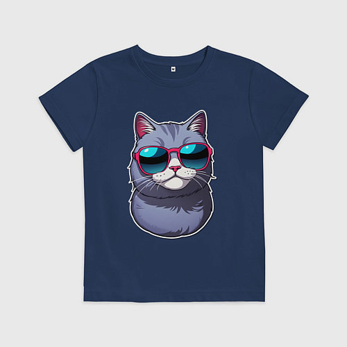 Детская футболка Модный летний кот в солнечных очках / Тёмно-синий – фото 1