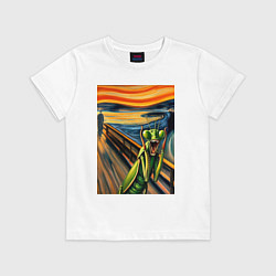 Футболка хлопковая детская Богомол кричит на картине Эдварда Мунка - мем иску, цвет: белый