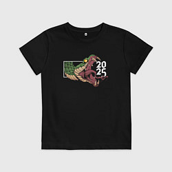 Футболка хлопковая детская Символ 2025 года зелёная змея, цвет: черный