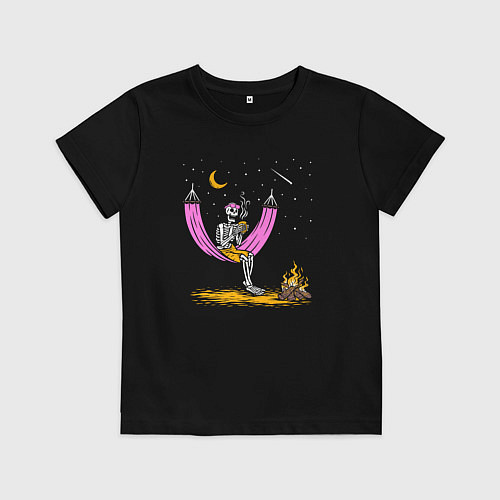 Детская футболка Скелетик чилит в гамаке / Черный – фото 1