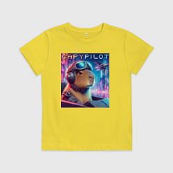 Футболка хлопковая детская Capybara is a cool pilot - ai art fantasy, цвет: желтый
