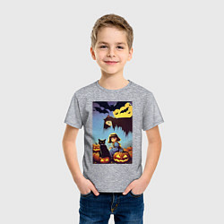 Футболка хлопковая детская Ведьма зависла над девочкой и котом, цвет: меланж — фото 2