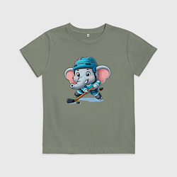 Футболка хлопковая детская Слонёнок хоккейный форвард - нейроарт, цвет: авокадо