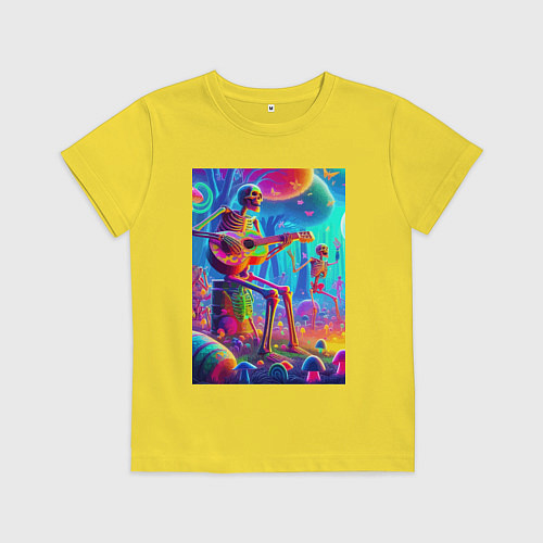 Детская футболка Скелет играет на гитаре в грибном лесу / Желтый – фото 1