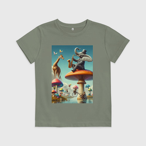 Детская футболка Слон играет на саксофоне жирафу / Авокадо – фото 1