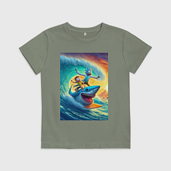 Футболка хлопковая детская Рик и Морти - сёрфинг на акуле, цвет: авокадо