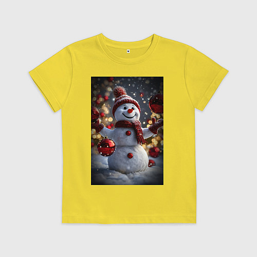 Детская футболка Снеговик и новогодние шарики / Желтый – фото 1